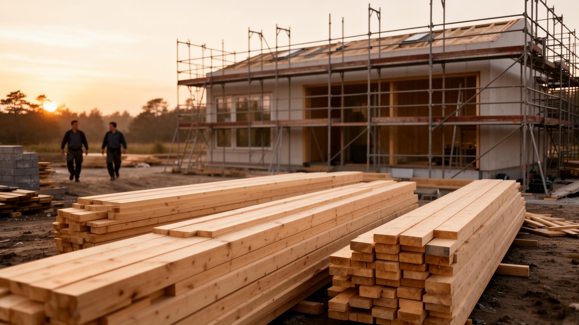 Velorganiseret byggeplads med stablede materialer og stillads ved en ny villa